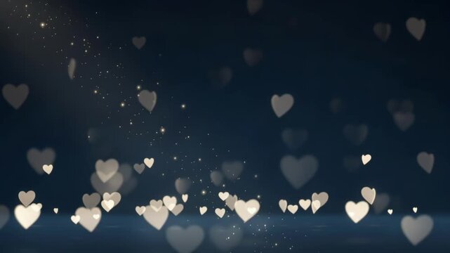 Abstract bokeh hearts floating on a dark blue background. Romantic love concept with gold sparkles and light beams for Valentine's Day. Wedding or anniversary motion backdrop with copy space