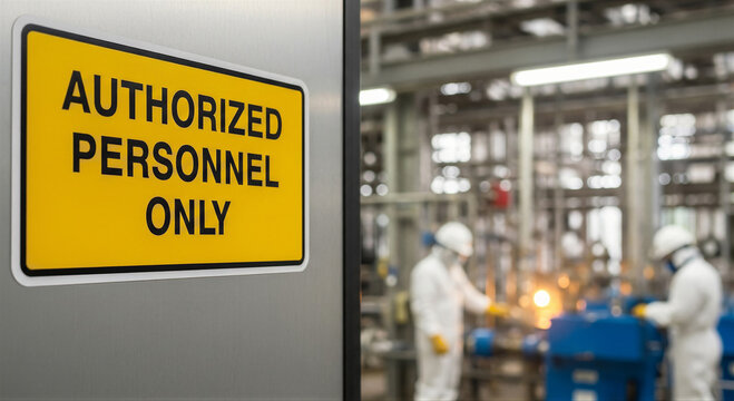 Authorized personnel only sign at industrial facility with workers in protective gear