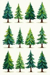 Obraz premium Set of charming hand-drawn pine trees, perfect for cards , holiday, pine tree