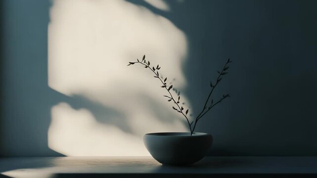 Branch with delicate leaves inside a modern ceramic bowl, receiving warm natural sunlight creating abstract shadows on the wall and surface, conveying serenity and tranquility