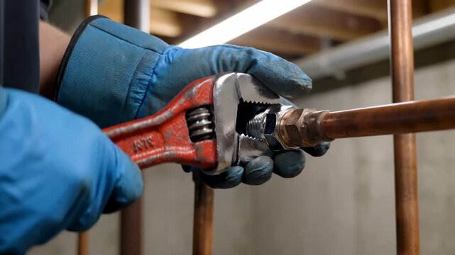 caucasian plumber hands in blue gloves using red wrench to tighten copper pipe fitting. plumbing maintenance and home repair service. manual labor.