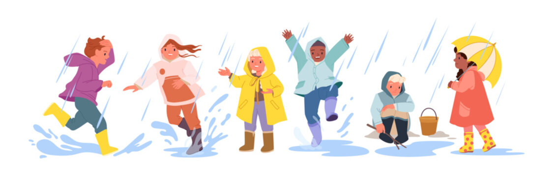 Kids in colorful raincoats and boots splash in puddles, play with sticks, and hold umbrellas while enjoying rainy weather, isolated on white background vector illustration