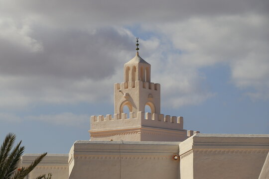 White Building Exterior Detail with Tower in Guellala, Djerba, Tunisia