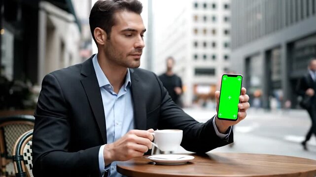 A man in a suit, holding a green-screen phone and coffee, sitting at a cafe table outdoors
