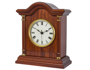 Ornate wooden mantle clock with Roman numerals on a white face