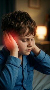 Young boy suffering from earache at night. Child in pajamas holding ears in pain with red glow effect. Pediatric health and ear infection concept. Vertical medical footage