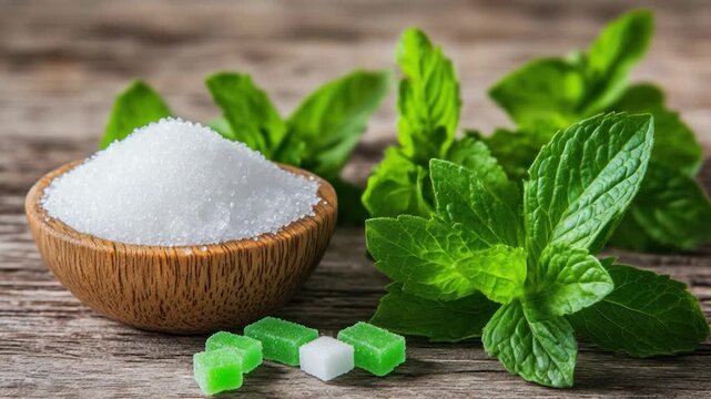 A wooden bowl filled with white granules and green mint sprigs, plus candies, on a wooden surface