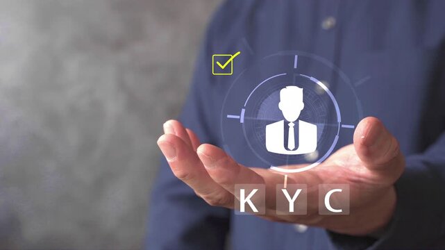 Hand holding virtual KYC interface with customer profile and checkmarks. Concept of identity verification, AML compliance, fintech onboarding, secure banking and fraud prevention.