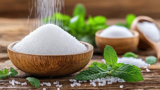 A wooden bowl overflows with white crystals. Fresh mint, and more crystals are arranged nearby