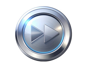 A gleaming metallic button with a double forward arrow icon on a black background