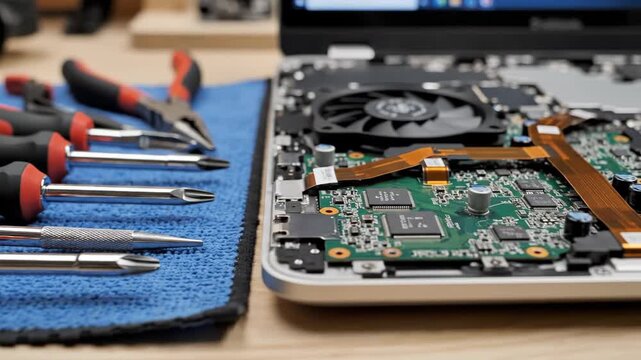 precision screwdrivers and pliers on blue cloth next to open laptop. electronics repair and hardware maintenance concept. computer technician workshop. tech blog, service manual.