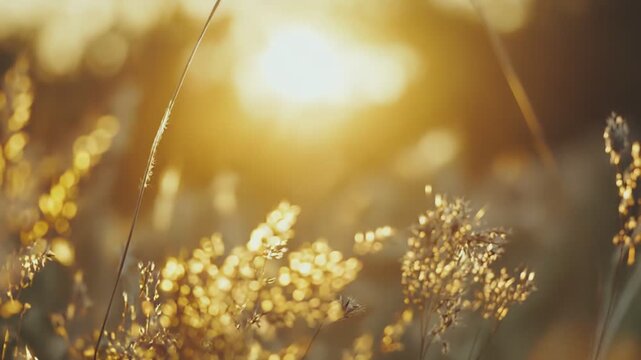 Dry meadow grass stems glowing in warm golden hour sunlight, backlit and shimmering with soft bokeh for a tranquil, pastoral sunset scene full of serene warmth and texture