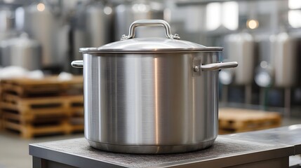 A clean reflective stainless steel pot with a lid sits on industrial equipment in a factory setting