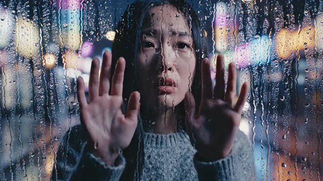 Cinematic shot of a depressed woman trapped behind a glass window, expressing despair and seeking support. A melancholic portrayal of mental health, anxiety, and isolation in a soft light.