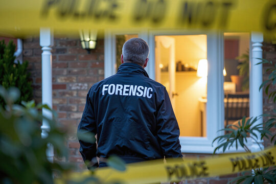 A police forensic expert investigating a homicide, looks around outside a residential house where a break-in and murder took place, gathering evidence, dna samples at the crime scene for lab analysis.