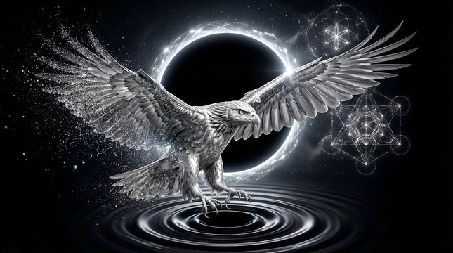 Silver eagle flying above mystical water with a lunar halo, representing balance, vision, and calm power.