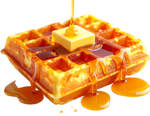 Golden, square waffle topped with melting butter and dripping with syrup