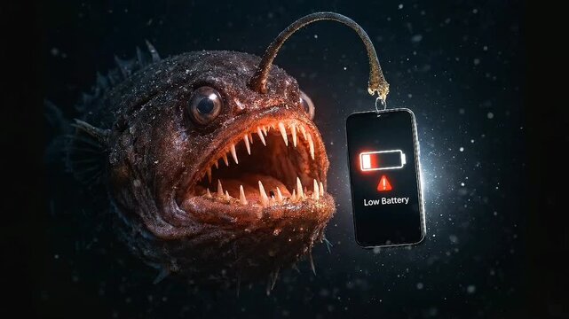 Deep sea anglerfish with glowing lure and hanging smartphone in dark water
