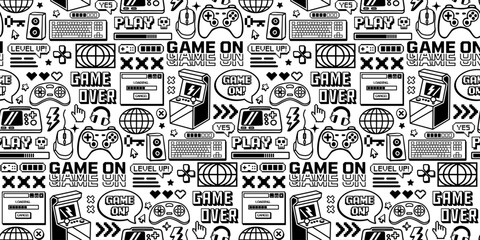 Gaming seamless pattern with controllers, arcade machines, keyboards, screens, icons, and retro gamer symbols in bold black and white line art style. © cddesign.co