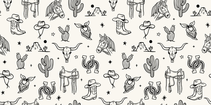 Hand drawn western seamless pattern with cowboy hats, boots, horses, skulls, cacti, horseshoes, and desert symbols in clean black line art on light background.