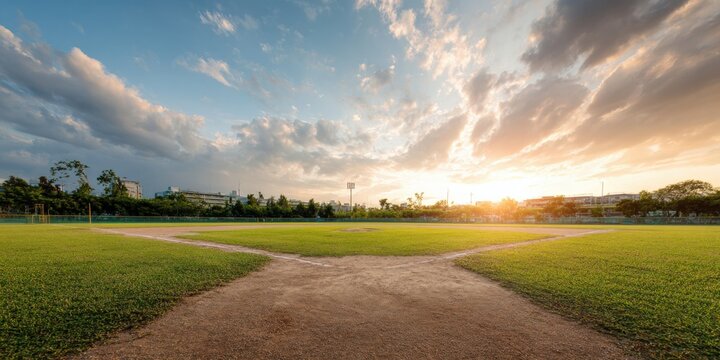 Sunset over serene baseball field with lush green grass and expansive skies