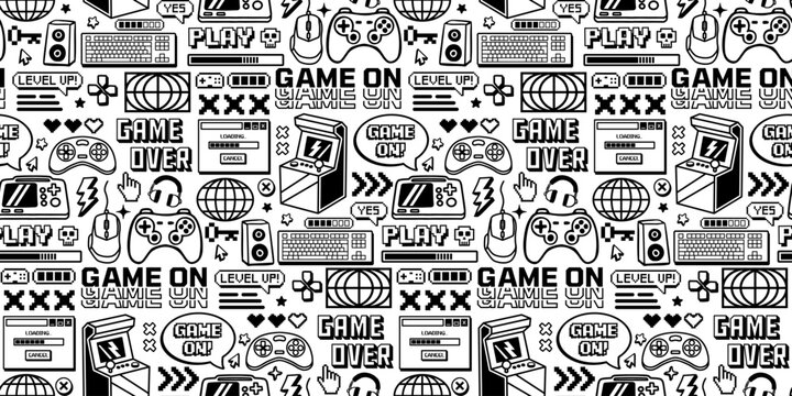 Gaming seamless pattern with controllers, arcade machines, keyboards, screens, icons, and retro gamer symbols in bold black and white line art style.
