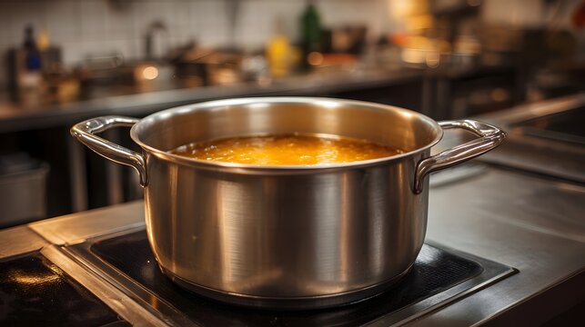 A stainless steel pot filled with simmering golden liquid on a professional kitchen stovetop