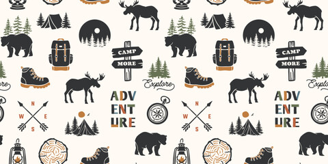 Outdoor adventure seamless pattern with camping, hiking, wildlife, forest, mountains, compass, backpack, boots, and exploration icons in earthy colors. © cddesign.co