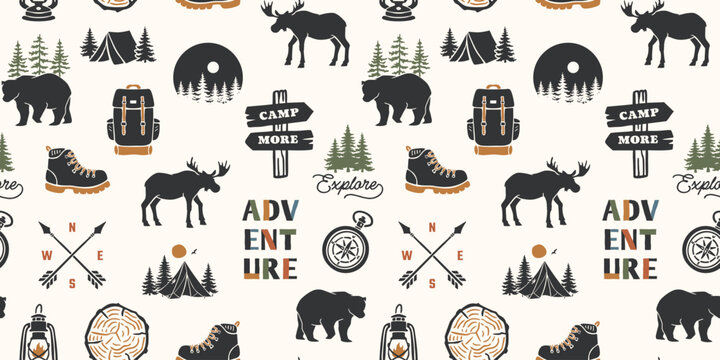 Outdoor adventure seamless pattern with camping, hiking, wildlife, forest, mountains, compass, backpack, boots, and exploration icons in earthy colors.
