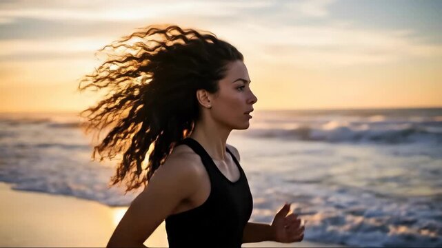 Determined runner embraces sunset serenity on beach with graceful, energized stride