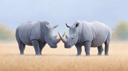 Obraz premium A captivating scene of two powerful white rhinoceroses standing in a sun drenched grassland presenting their iconic horns in a mutual display of wild presence