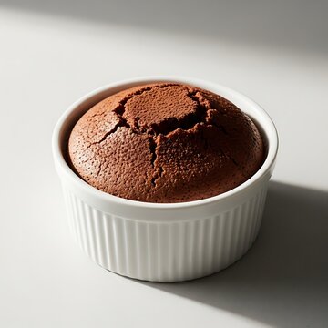 A single chocolate lava cake in a white ramekin on a white table with sunlight