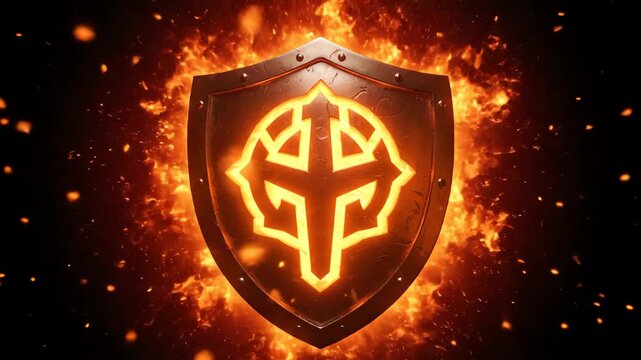 Fiery Shield Emblem Animation with Glowing Symbol and Sparks