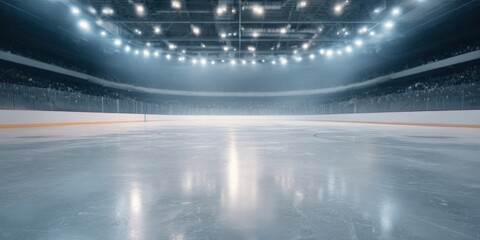 Obraz premium Empty ice hockey arena with bright lights and smooth rink surface