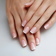 Fototapeta premium Elegant french manicure on female hands with pink and white glossy finish