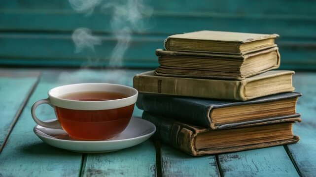 A cup of tea steams next to stacked vintage books on a teal wooden surface