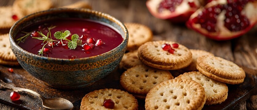 Crunch of toasted cumin seed biscuit give way symphony of pomegranate juice infused soup serene mountain monastery clean professional stock photo sharp macro photography style cinematic realism ultra