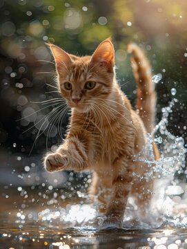 A cat by the water playfully paws at the surface, creating splashes
