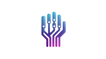 Obraz premium A modern abstract representation of an open hand created from electronic circuit traces and nodes featuring a gradient from purple to blue