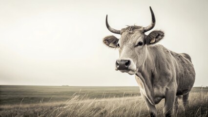 Curious Cow in Gently Rolling Meadows under Soft Sky Light at Dusk in a Serene Landscape