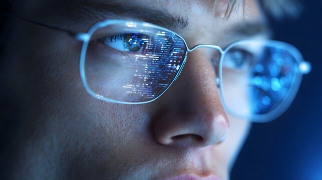 An intense close up view of a person s face and eyes behind eyeglasses featuring a vibrant reflection of complex blue digital code and circuits on the es