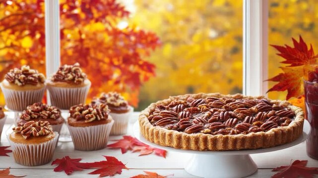 A festive still life displays a pecan pie, cupcakes, and fall foliage against a bright window
