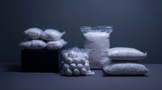 Piles of plastic bags and pillows in industrial setting with moody lighting showing overproduction or storage theme