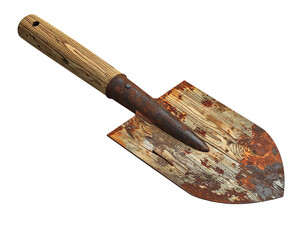 Aged wooden-handled shovel with weathered metal blade, showing rust and wear