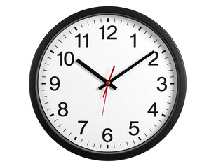 A classic analog wall clock with a black frame and white face