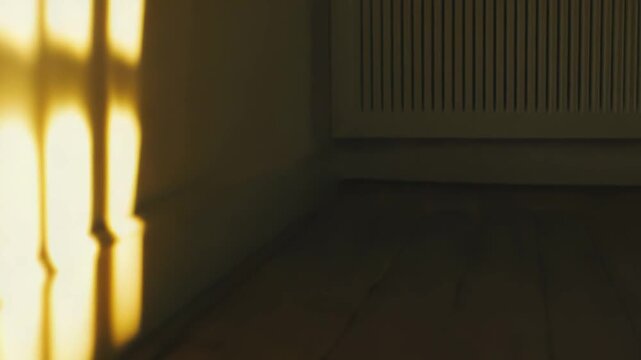 Warm morning sunlight illuminating a wooden floor and casting long parallel shadows on the wall, creating a serene and cozy atmosphere in a minimalist interior space