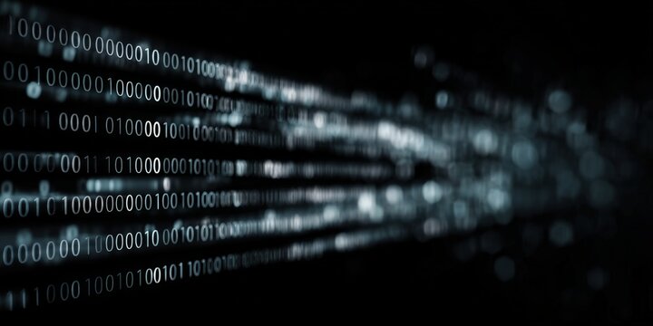 Digital binary code stream on dark background representing data flow