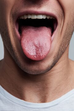 Close-up of young caucasian male sticking out tongue