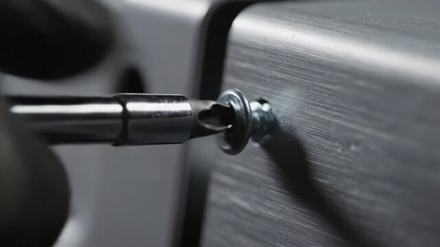 metal screwdriver tightening silver screw into steel surface. diy home improvement, renovation and furniture assembly. construction, repair and maintenance.