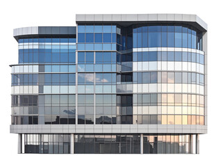 Modern office building with reflective glass facade, white accents, and sky reflections